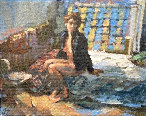 Irma Braat, Model in koud atelier, 380 euro, Oil on canvas, unframed, 24x30 cm