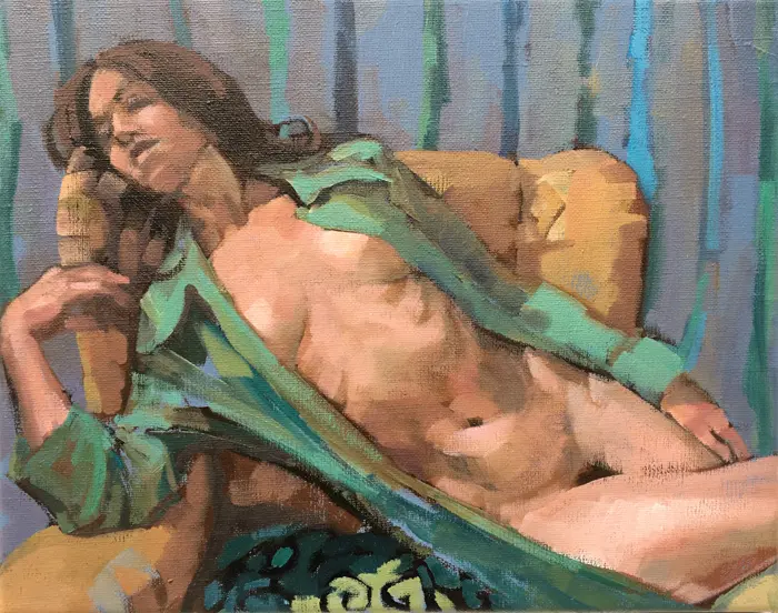 Irma Braat, Model met open jas, Oil on canvas, 24x30 cm, €.275,-