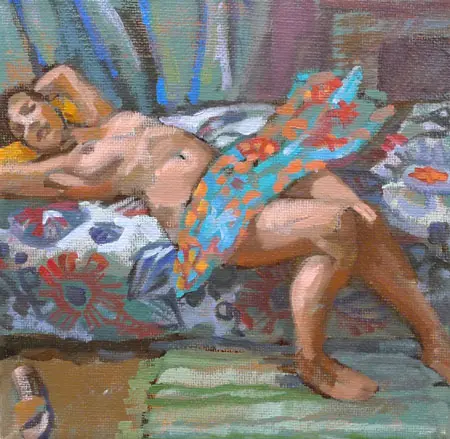 Irma Braat, Onder Bloemenlap, Oil on canvas, 18x18 cm, €.180,-