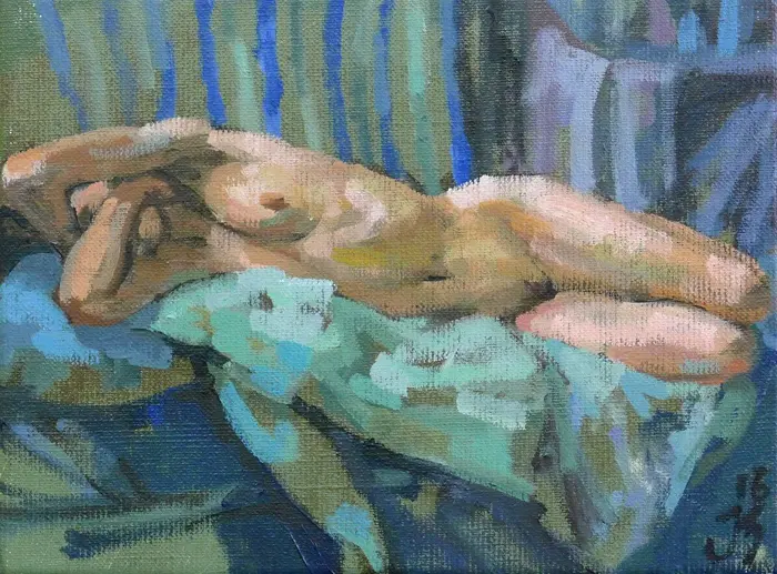 Irma Braat, Op groene jas 1, Oil on canvas,18x24 cm, €.180,-