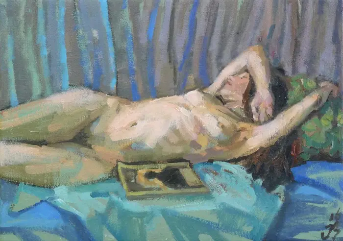 Irma Braat, Op groene jas 2, Oil on canvas, 25x35 cm, €.250,-