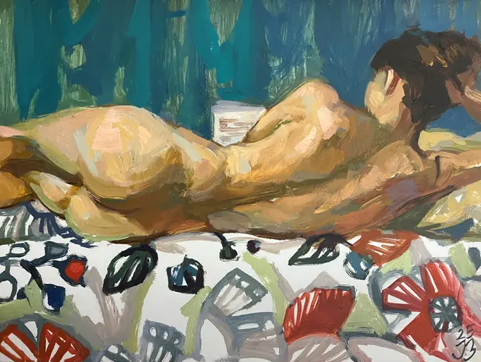 Irma Braat, Rug op bladpatroon, 340 euro, Oil on panel, unframed, 24x18 cm