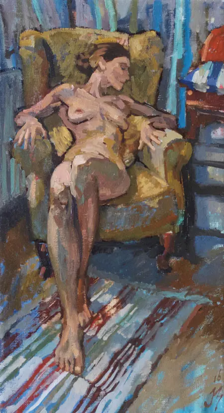 Irma Braat, Slapend in gele stoel, Oil on canvas, 45x25 cm, €.475,-