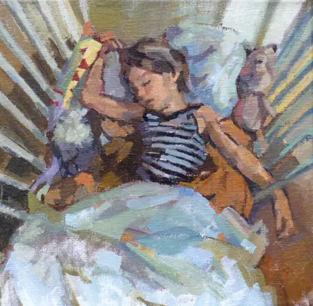 Irma Braat, Tussen de Knuffels, Oil on canvas, 24x24 cm, €.275,-