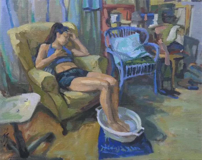 Irma Braat, Voetenbadje, Oil on canvas, 33x41 cm, €.425,-