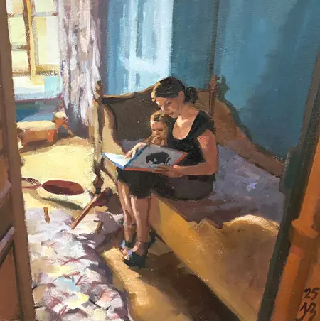Irma Braat, Voorlezen, 480 euro, Oil on panel in wooden frame, 30x30 cm