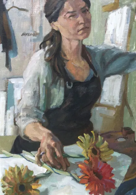 Irma Braat, Zelfportret met bloemen, Oil on canvas, 50x35 cm, €.700,-
