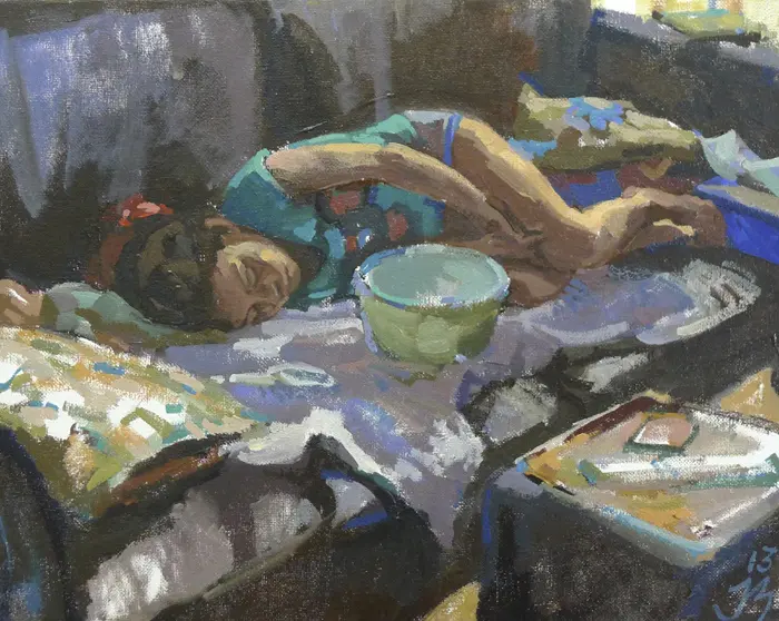 Irma Braat, Ziek op de bank, Oil on canvas, 20x30 cm, €.500,-
