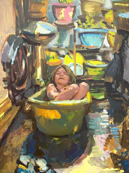 Irma Braat, Zomerbadje, 340 euro, Oil on panel, unframed, 24x18 cm