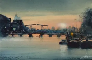 Jan Thiecke, Amstel by night, 240 euro, Watercolour with mount in A4 frame, 14x20 cm