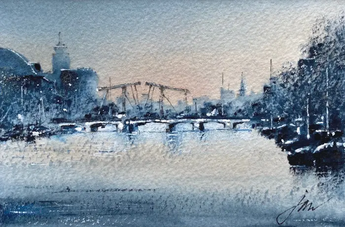 Jan Thiecke, Amstel met magere brug, 195 euro, Watercolour in simple wooden frame, 15x10 cm (in frame, 26x20 cm)
