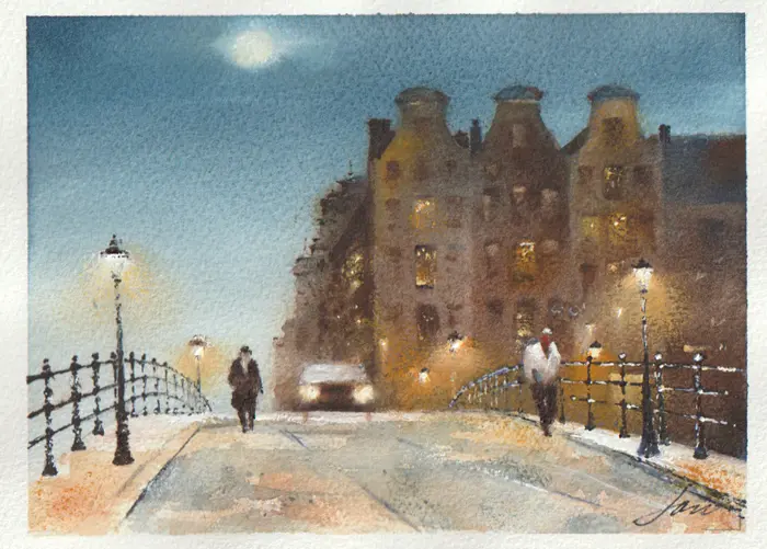 Jan Thiecke, Amsterdam Centrum, 275 euro, Watercolour in light wooden frame, 13x18 cm in A4 frame