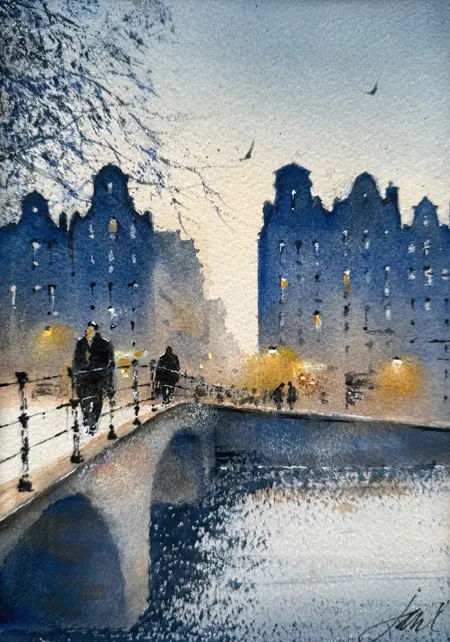 Jan Thiecke, Amsterdam stadsgezicht, 275 euro, Watercolour in dark wooden frame, 21x15 cm in A4 frame