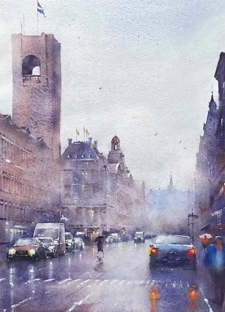 Jan Thiecke, Beurs van Berlage/Damrak 4, 300 euro, Watercolour on paper in mount, unframed, 37x27 cm