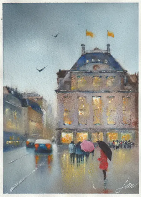 Jan Thiecke, Bijenkorf rode jas, 275 euro, Watercolour in light wooden frame, 20x14 cm in A4 frame