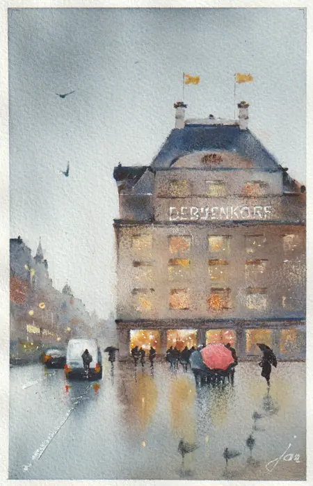 Jan Thiecke, Bijenkorf, 275 euro, Watercolour in light wooden frame, 20x13 cm in A4 frame
