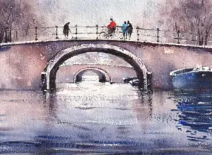 Jan Thiecke, Boogbrug Amsterdam, 125 euro, Watercolour on paper in mount, unframed, 17x12 cm