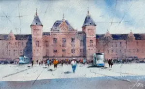 Jan Thiecke, Centraal Station Amsterdam, 240 euro, Watercolour with mount in A4 frame, 14x23 cm