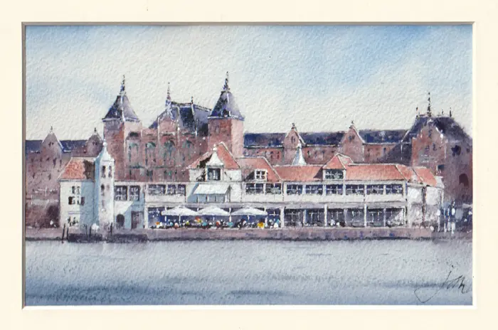 Jan Thiecke, Centraal Station, 275 euro, Watercolour in dark wooden frame, 21x29 cm in A4 frame