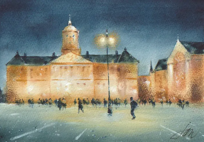 Jan Thiecke, Dam bij nacht, 275 euro, Watercolour in light wooden frame, 30x21 cm in A4 frame