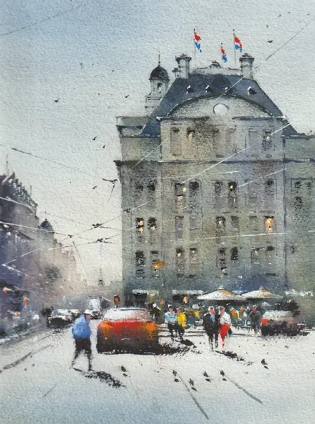 Jan Thiecke, Dam/Bijenkorf, 250 euro, Watercolour in mount and frame, 17x23 cm