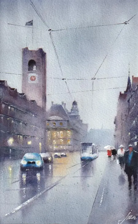 Jan Thiecke, Damrak 2, 225 euro, Watercolour in mount, unframed, 23x15 cm