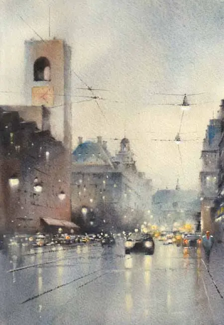 Jan Thiecke, Damrak 2, 250 euro, Watercolour on paper in mount in frame, 17x25 cm