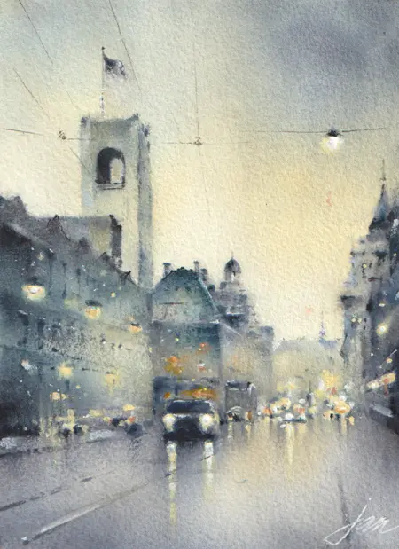 Jan Thiecke, Damrak, 275 euro, Watercolour in aluminium picture frame, 18x13 in A4 frame