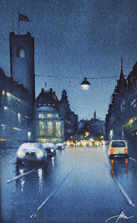 Jan Thiecke, Damrak 4 bij nacht, 195 euro, Watercolour in mount, unframed, 17x11 cm