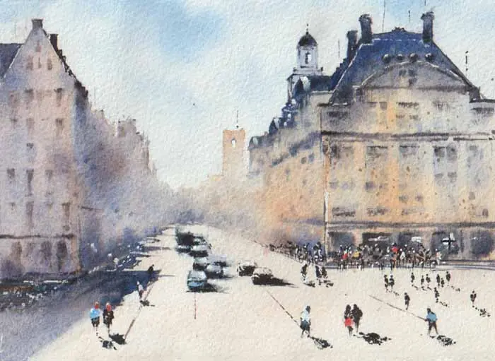 Jan Thiecke, Damrak Amsterdam1, 150 euro, Watercolour on paper in mount, unframed, 13x19 cm