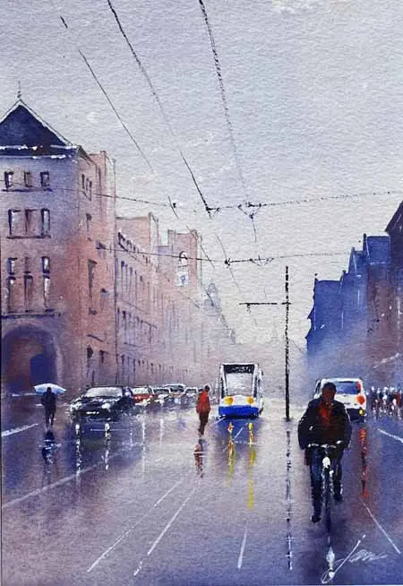 Jan Thiecke, Damrak3 met tram in Amsterdam, 250 euro, Watercolour on paper in mount in frame, 26x18 cm