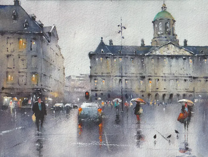 Jan Thiecke, De Dam, 250 euro, Watercolour in mount and frame, 17x23 cm