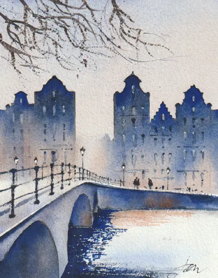 Jan Thiecke, Gracht, 275 euro, Watercolour in light wooden frame, 30x21 cm in A4 frame