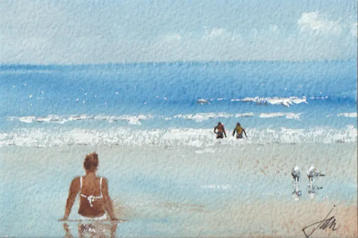 Jan Thiecke, In Zee, 195 euro, Watercolour with mount in A5 frame, 10x15 cm