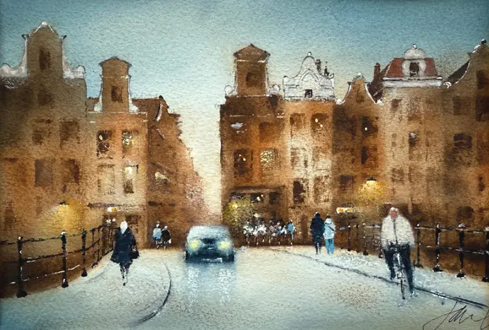 Jan Thiecke, Langs de gracht/heidesteeg, 275 euro, Watercolour in dark wooden frame, 15x20 cm in A4 frame