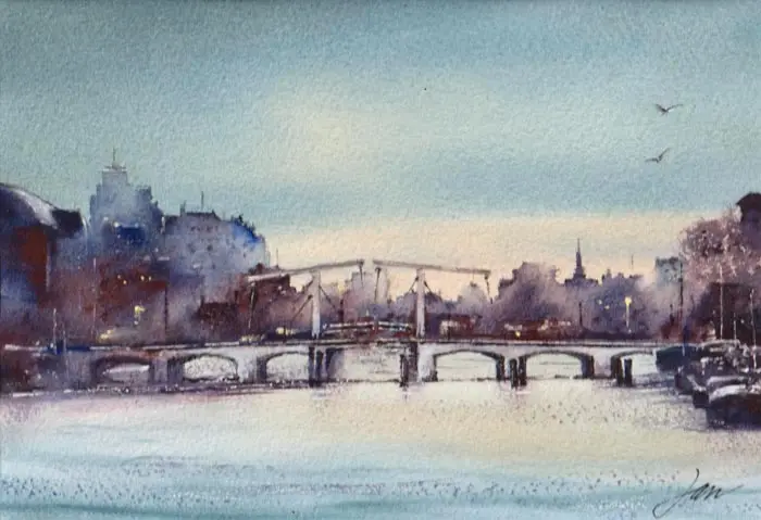 Jan Thiecke, Magere Brug 1, 225 euro, Watercolour in mount, unframed, 14x21 cm