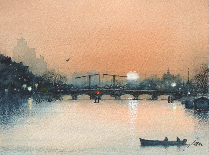 Jan Thiecke, Magere Brug 1, 275 euro, Watercolour in wooden picture frame, 13x18 in A4 frame