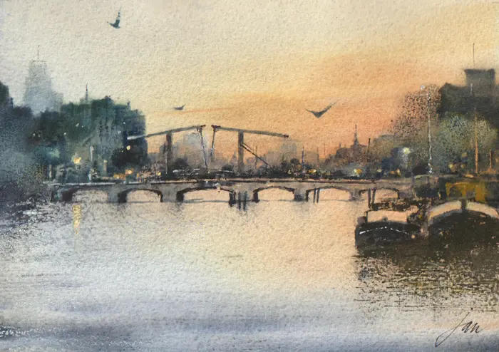 Jan Thiecke, Magere Brug 2, 275 euro, Watercolour in wooden picture frame, 14x20 in A4 frame