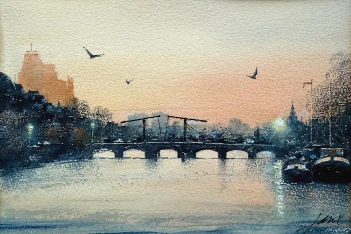 Jan Thiecke, Magere Brug, 275 euro, Watercolour in dark wooden frame, 14x20 cm in A4 frame