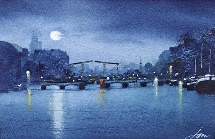 Jan Thiecke, Magere Brug bij Nacht, 195 euro, Watercolour in mount, unframed, 11x27 cm