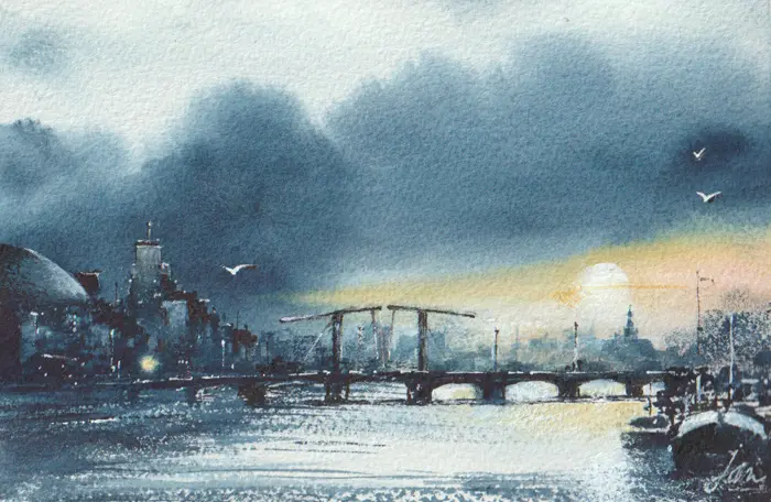 Jan Thiecke, Magere brug met dreigende lucht, 275 euro, Watercolour in wooden Barth frame, 13x20 cm in A4 frame