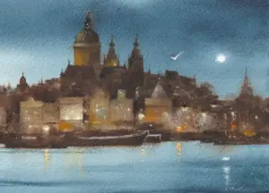 Jan Thiecke, Nicolaaskerk, 275 euro, Watercolour in wooden picture frame, 13x18 in A4 frame