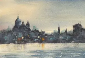 Jan Thiecke, Nicolaaskerk Prins Hendrikkade, 250 euro, Watercolour on paper in mount in frame, 16x22 cm