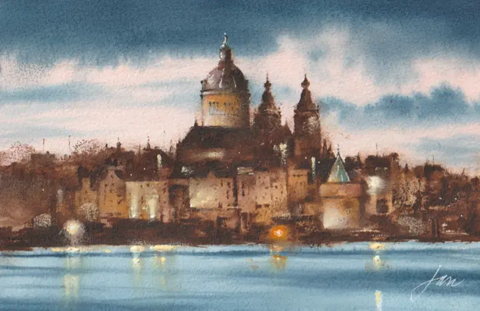 Jan Thiecke, Nicolaaskerk, 275 euro, Watercolour in wooden frame, 15x23 cm in A4 frame