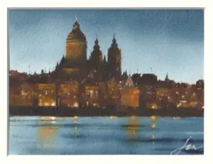 Jan Thiecke, Nicolaeskerk, 275 euro, Watercolour in wooden Barth frame, 12x16 cm