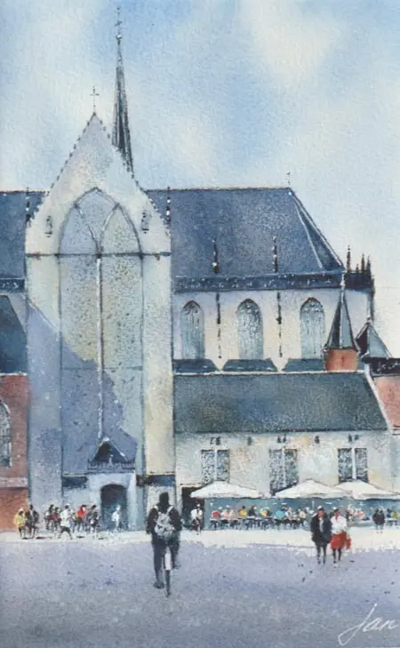 Jan Thiecke, Nieuwe Kerk, 240 euro, Watercolour in mount in wooden frame, 24x15 cm