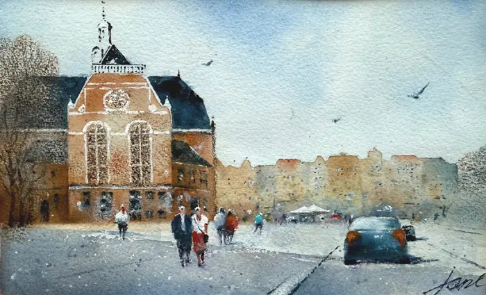 Jan Thiecke, Noorderkerk, 275 euro, Watercolour in wooden frame, 21x30 cm in A4 frame