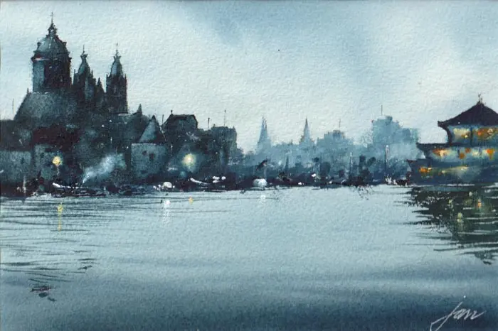 Jan Thiecke, Oosterdok Nicolaaskerk, 195 euro, Watercolour in mount, unframed, 14x21 cm