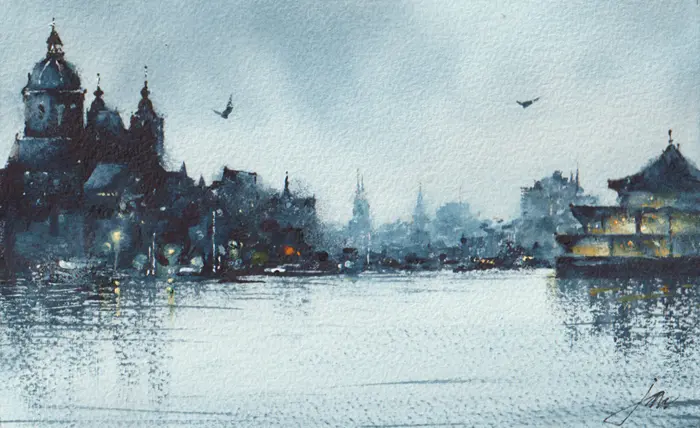 Jan Thiecke, Oosterdok, 275 euro, Watercolour in wooden picture frame, 14x22 in A4 frame