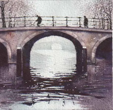 Jan Thiecke, Op de brug Amsterdam, 100 euro, Watercolour on paper in mount, unframed, 10x10 cm